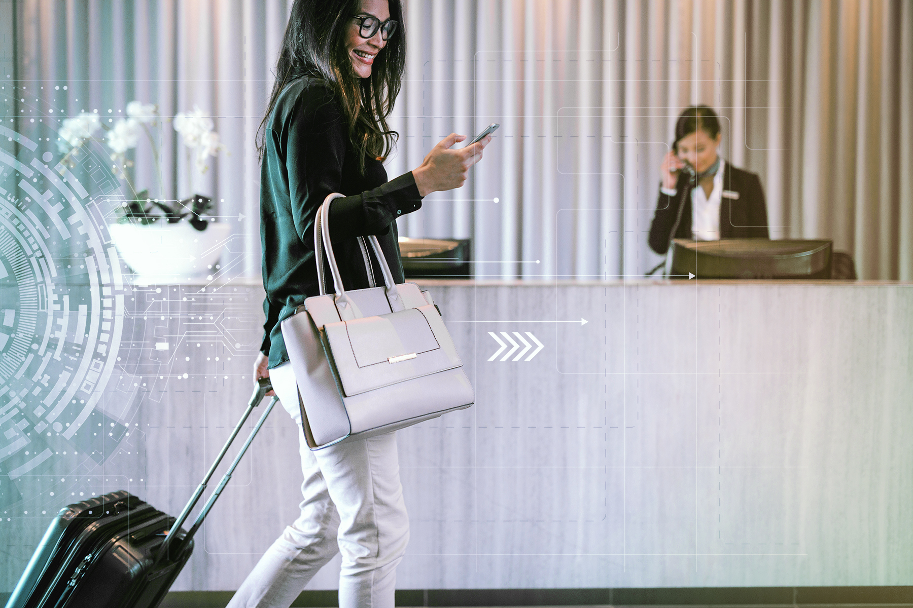 Traveler checking into her hotel room on her phone, simplifying hotel subscription models for a better user experience