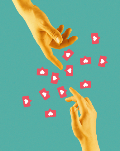 Two yellow hands reaching for each other with red instagram like symbols over a turquoise background, branding for Gen Z