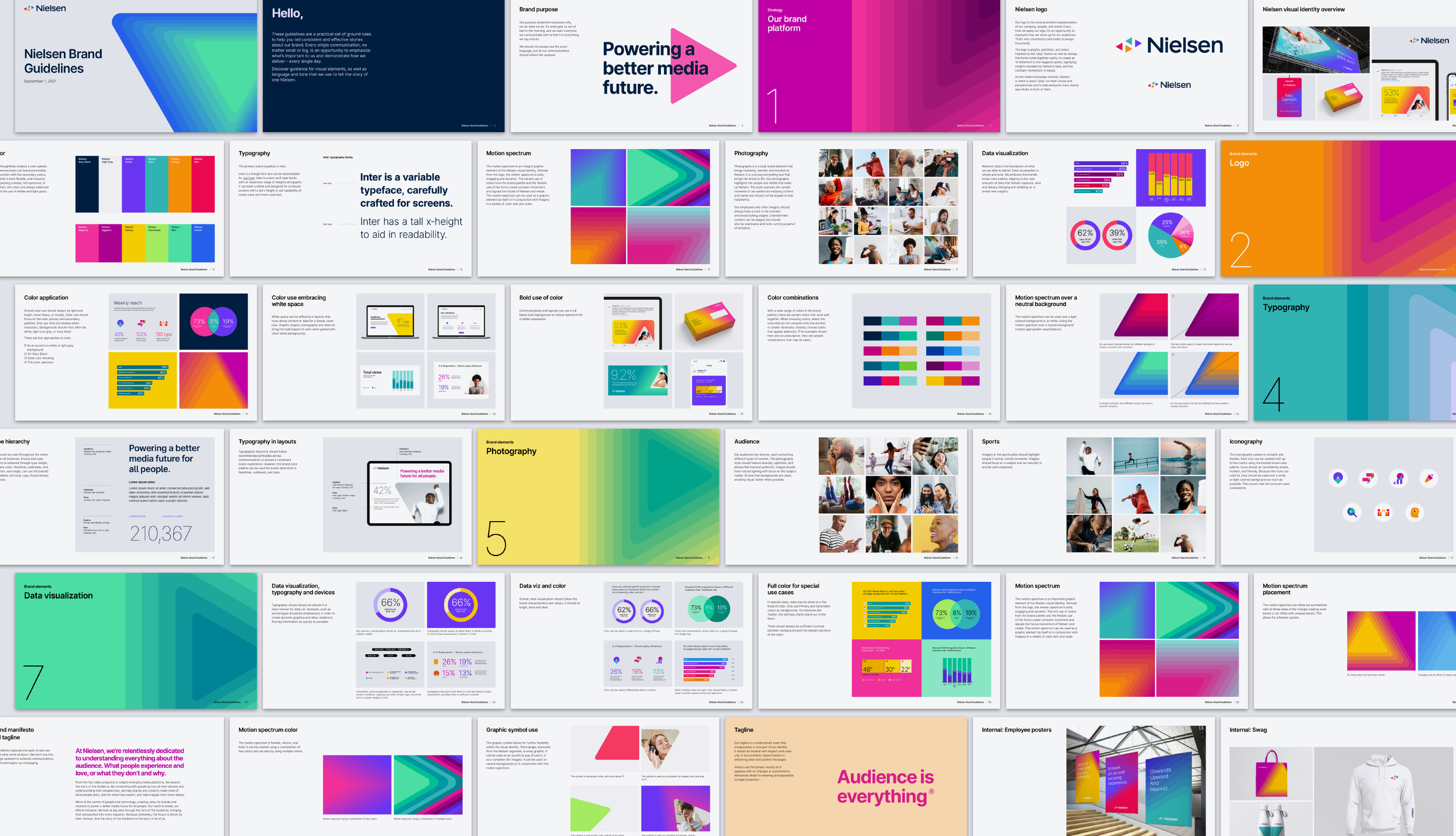 Nielsen’s new brand guidelines showcasing elements of their new brand identity