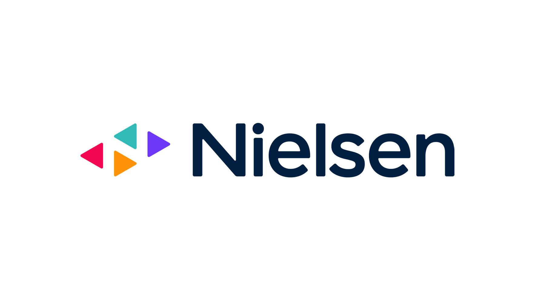 Nielsen's new brand identity and logo: an orange, a purple, a red and a teal triangle next to text that says "Nielsen