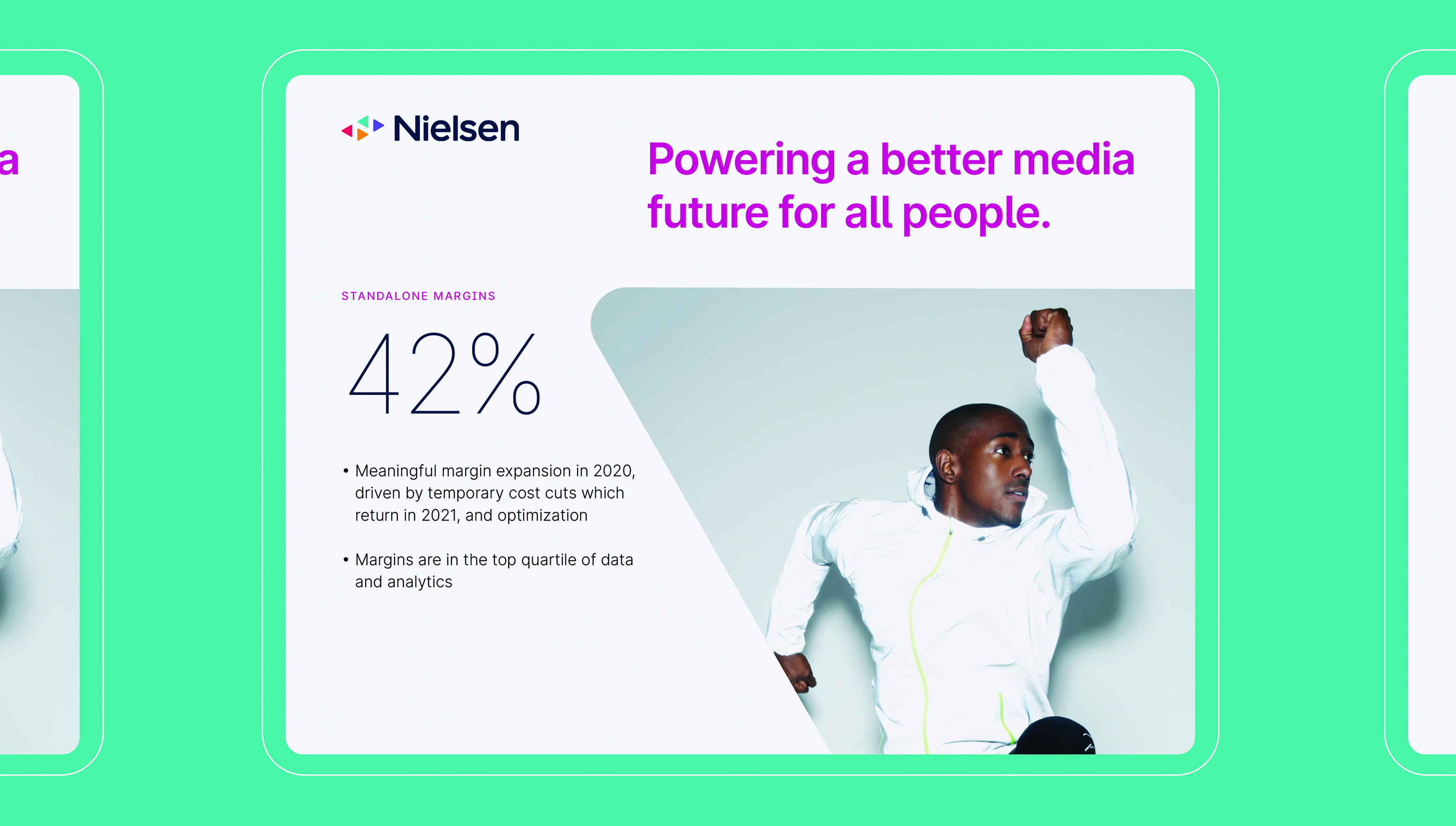 Nielsen's slide with their meaningful margin expansion in 2020 next to an athlete jumping
