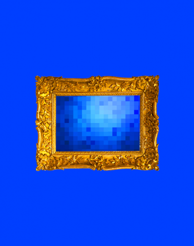 Multiple shades of blue pixels in a golden picture frame, non-fungible tokens