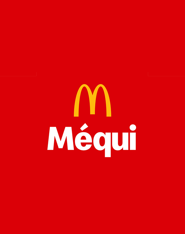 Yellow McDonald's Logo over text that says 'Mequi' over a red background, creating a localized brand experience