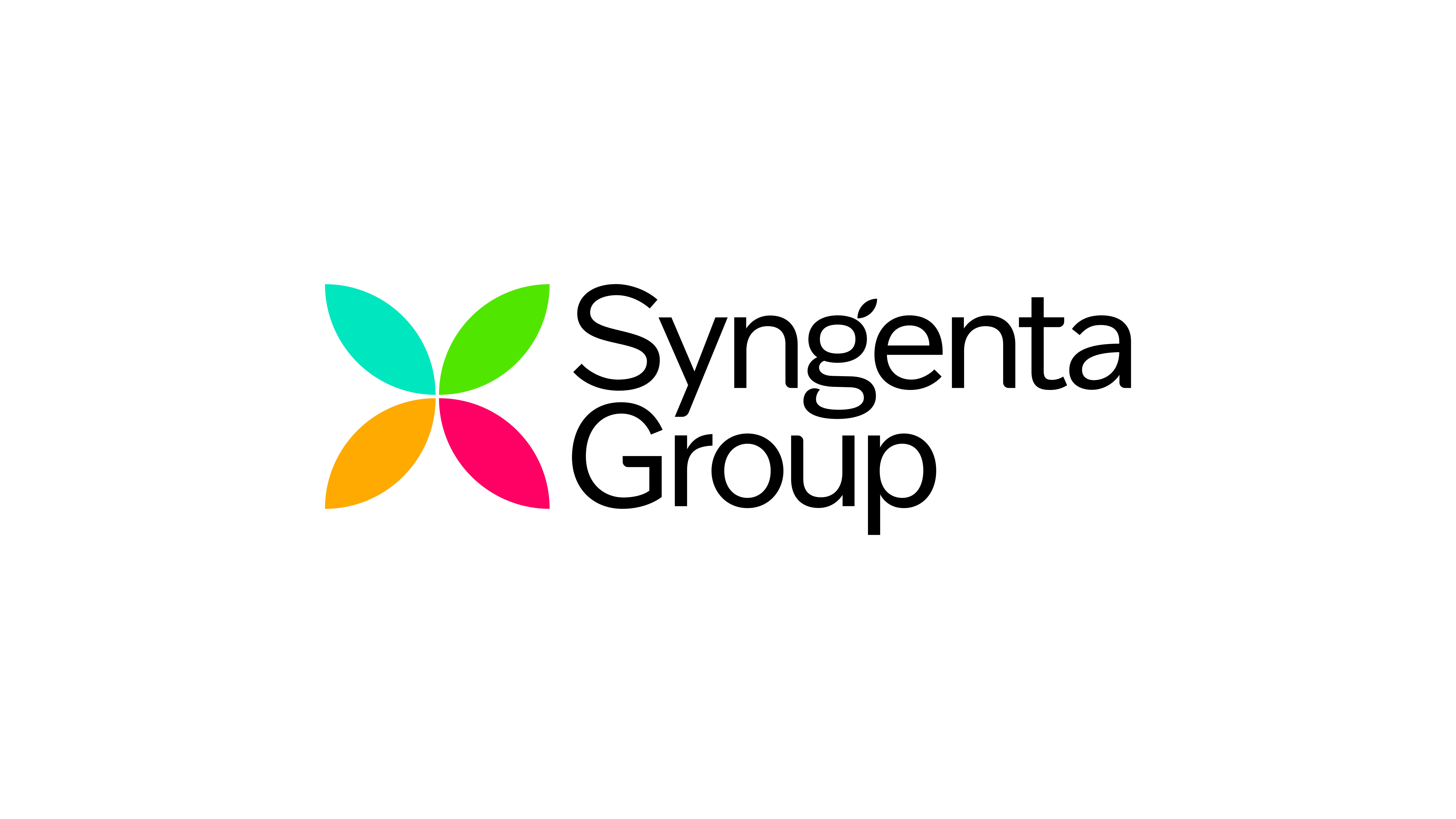 Syngenta's new visual identity featuring a red, orange, teal, and green flower next to text reading 'syngenta group'