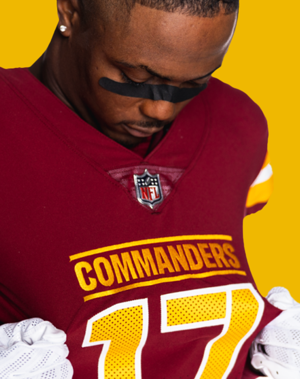 Terry McLaurin of the Washington Commanders wearing the newly designed jersey after the rebrand of the football team
