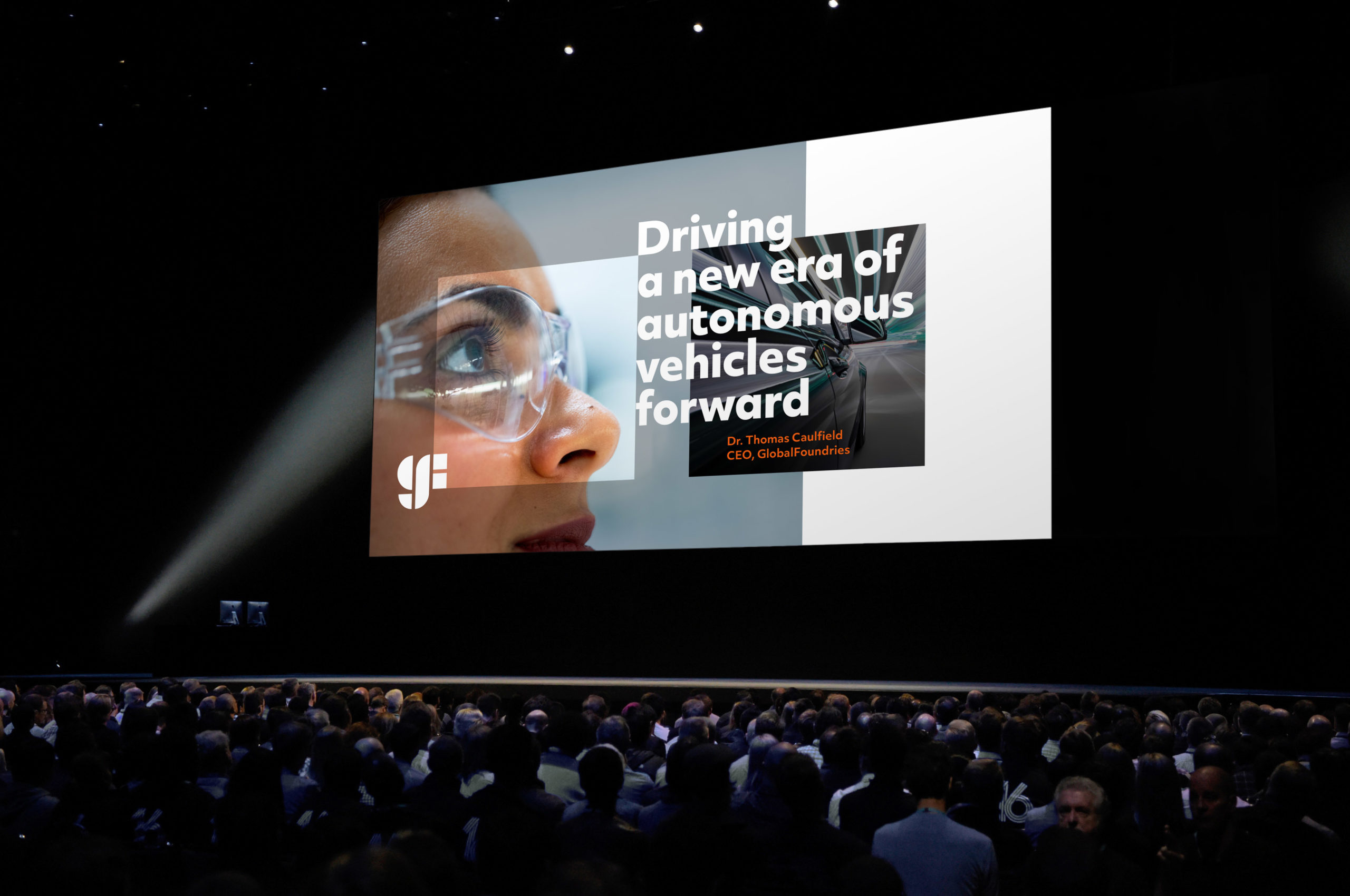 Global Foundries keynote presentation that says “Driving a new era of autonomous vehicles forward”