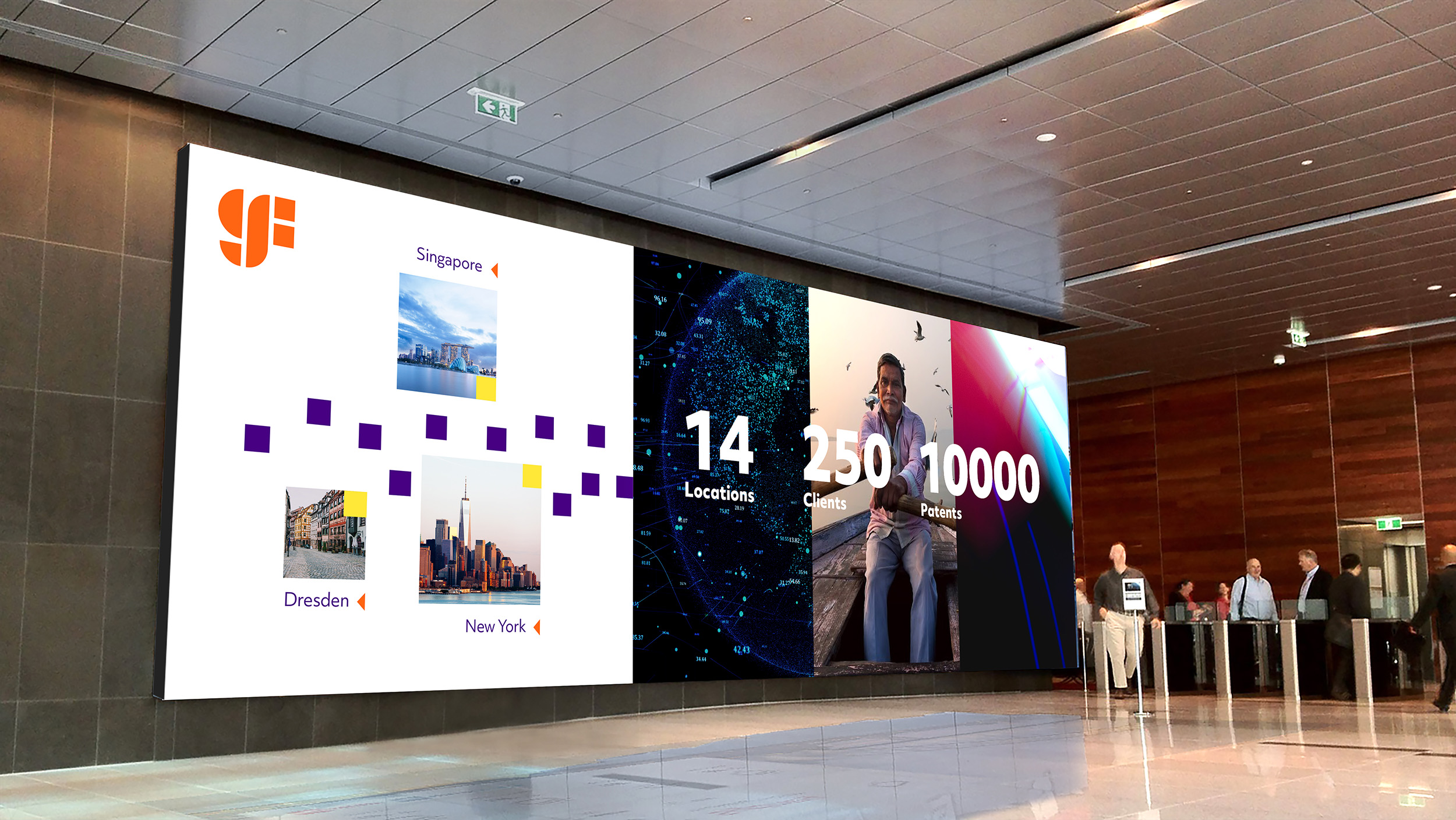 Electronic Global Foundries billboard showing the number of locations, clients, and patents