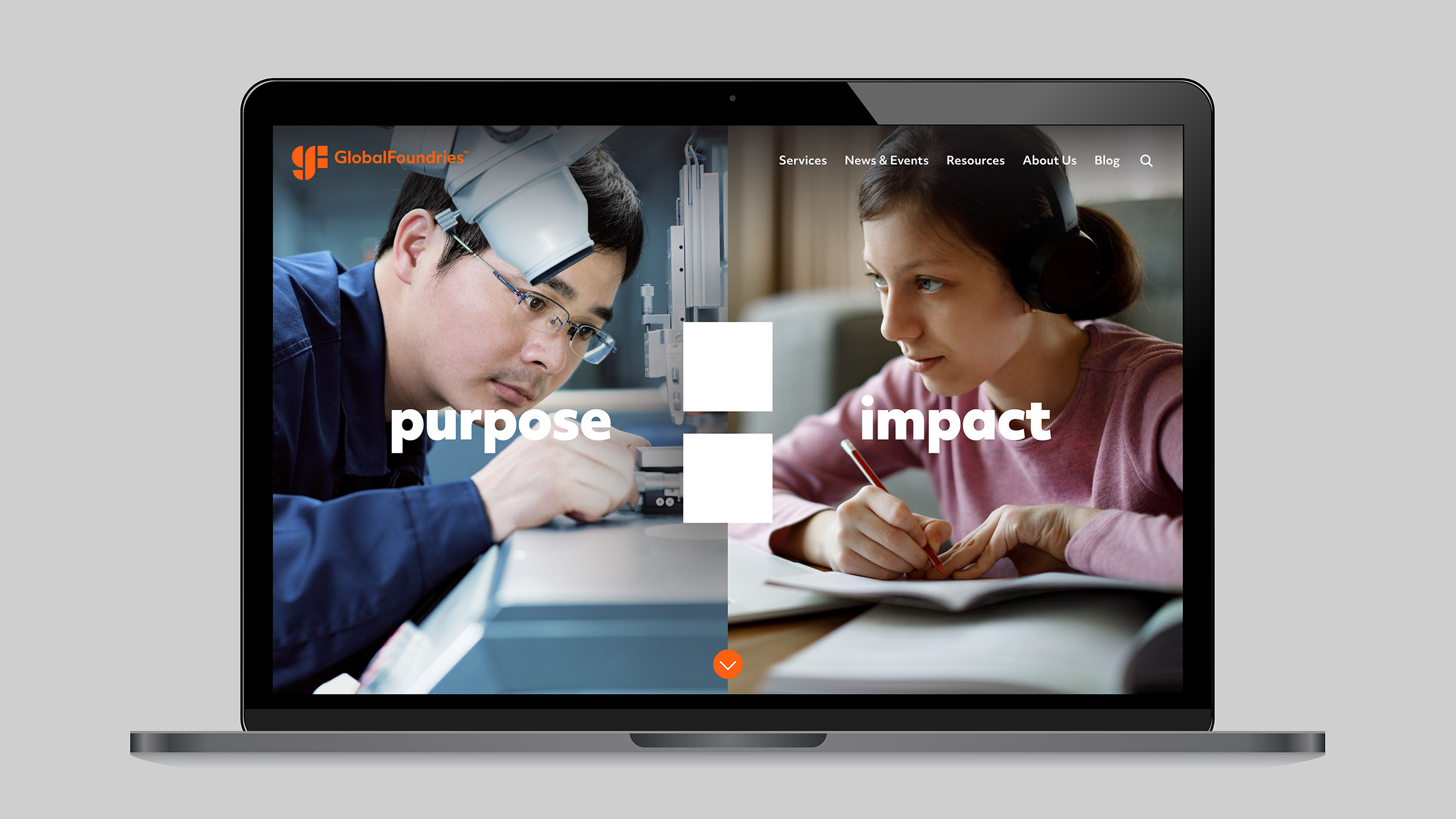 Global Foundries new website design with a student, engineer, and text that says “purpose = impact”