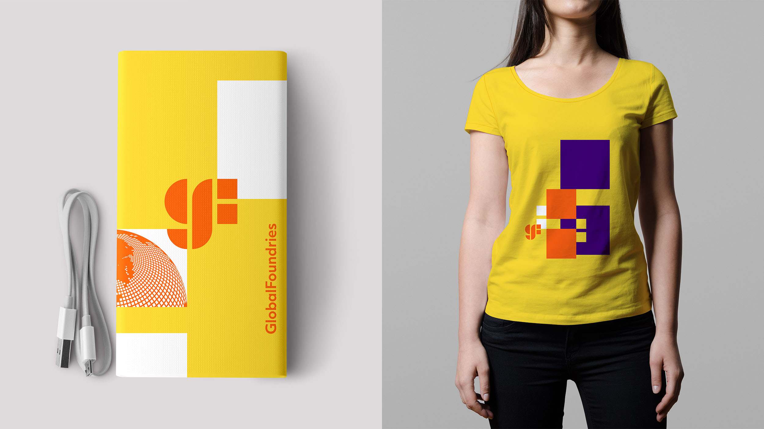 Global Foundries new visual identity featured on a yellow power bank and t-shirt