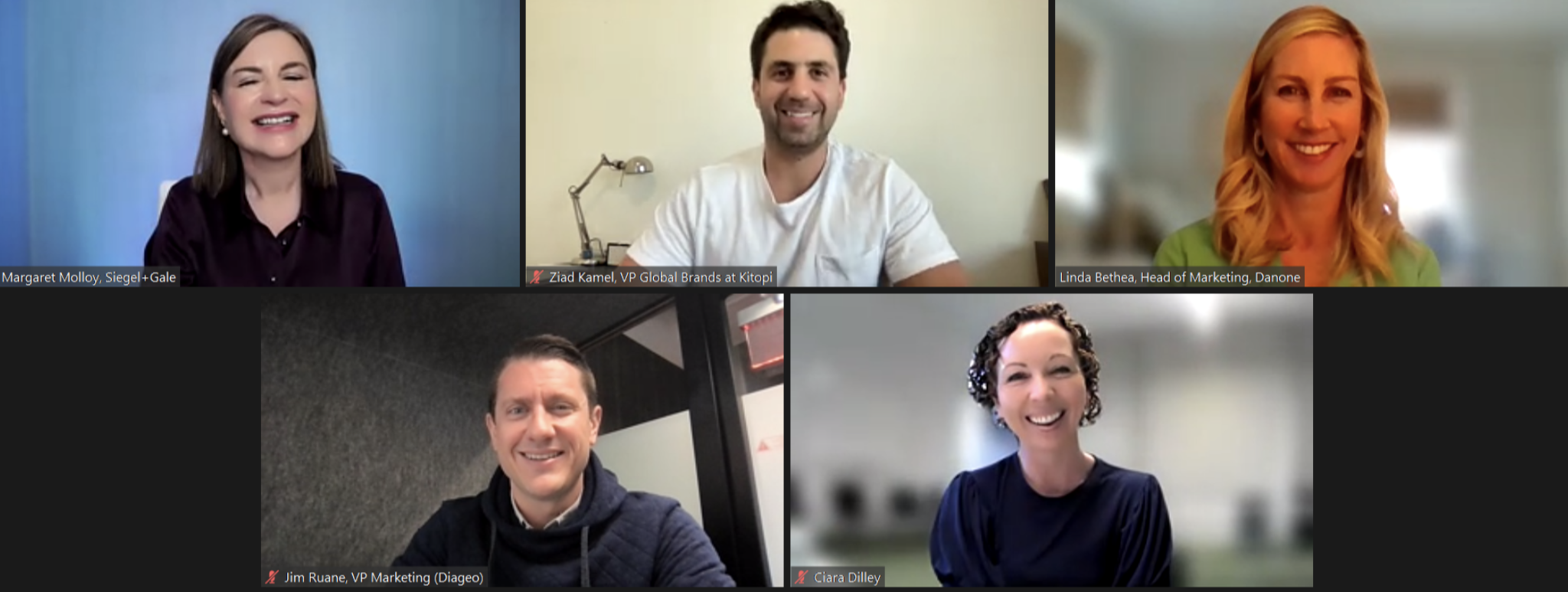 Siegel + Gale's Global CMO, Margaret Molloy, on a video call with 4 marketing executives on the future of sustainability
