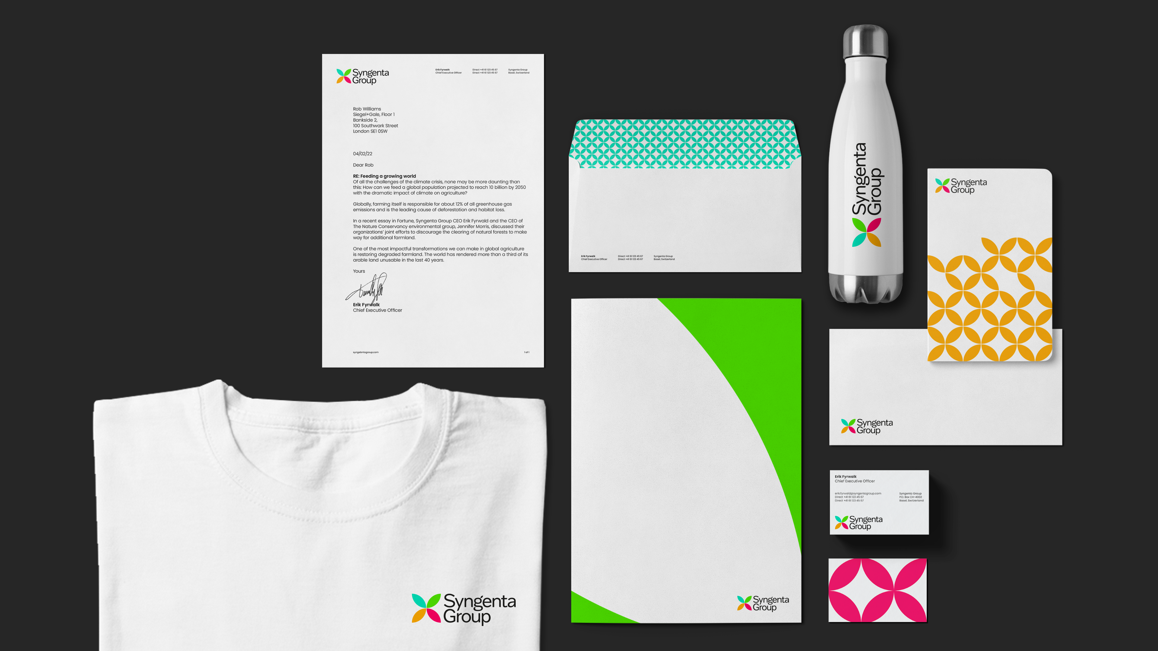 Syngenta Group’s modern design featured on a T-shirt, water bottle, and stationery