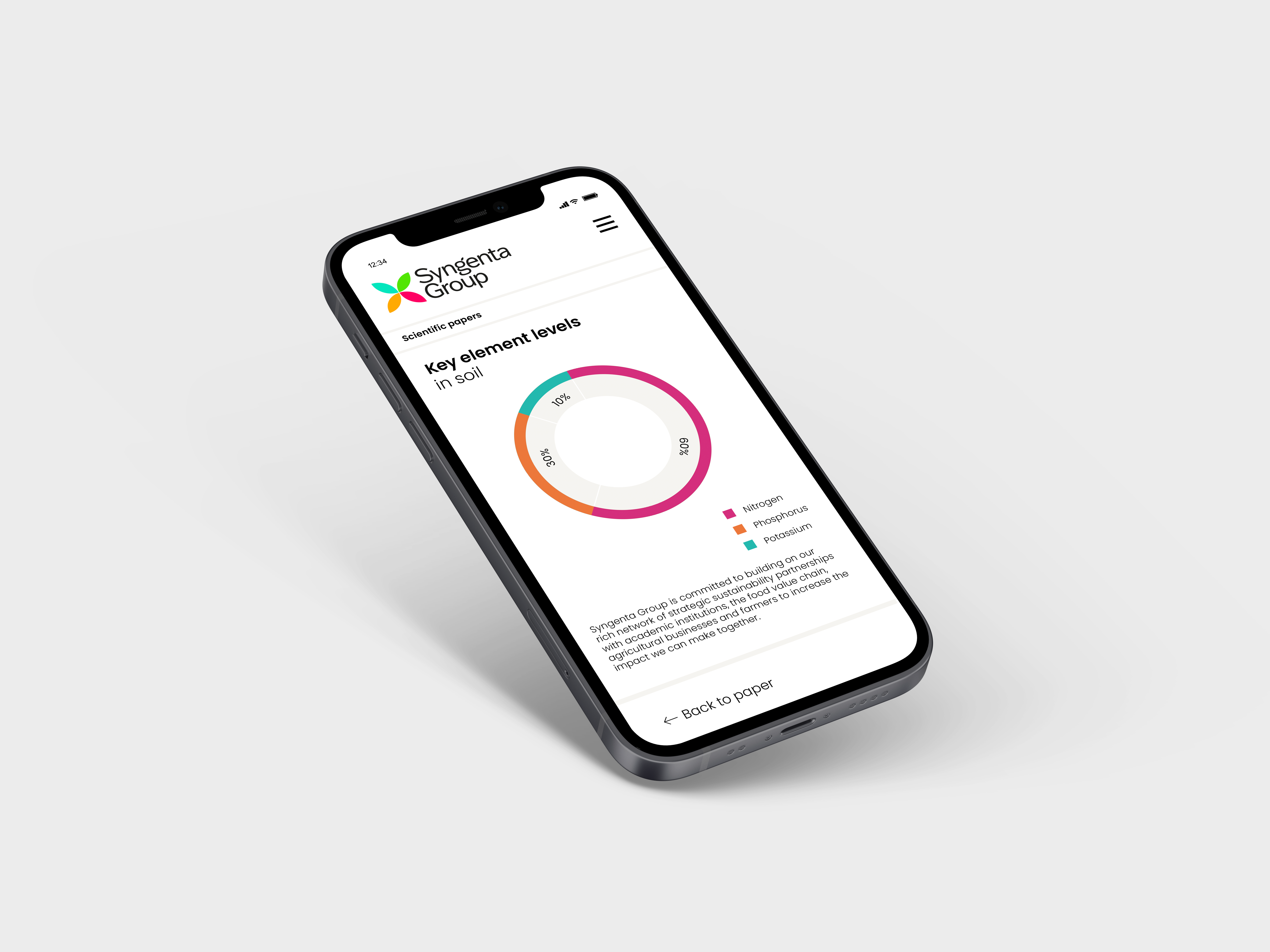 Newly designed Syngenta Group app on an iPhone 12 featuring key element levels in soil