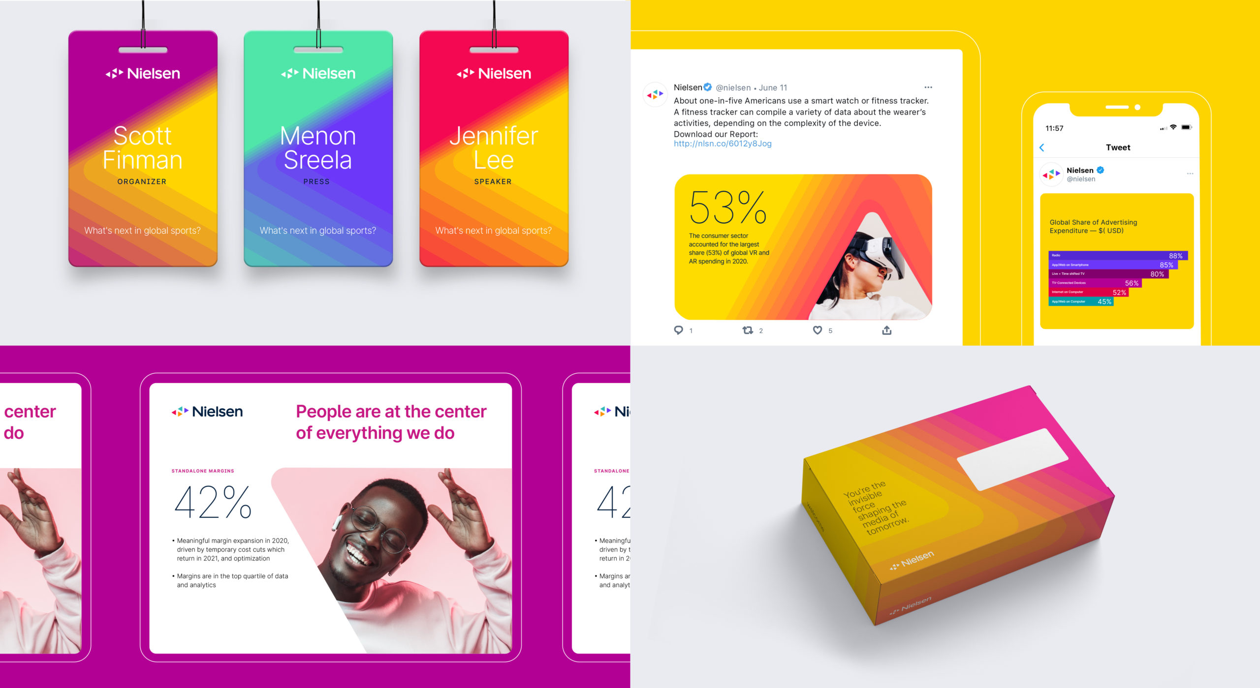 Nielsen’s new graphic style and visual identity on their website, name tags, tweets, and packaging