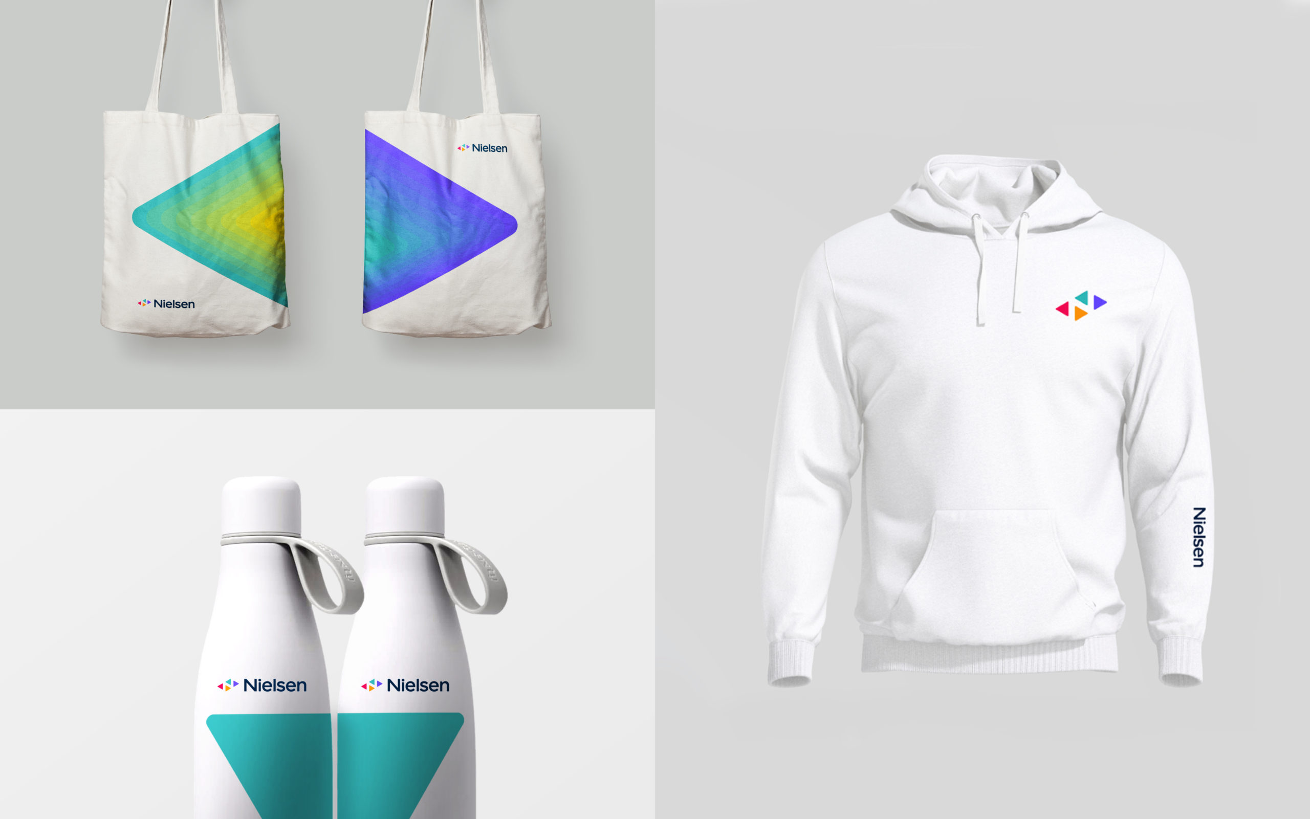 Nielsen’s new graphic design featured on water bottles, tote bags, and a sweatshirt