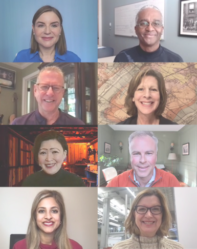 Siegel+Gale's Global CMO, Margaret Molloy, on a video call with 7 marketing executives on Corporate Public Boards