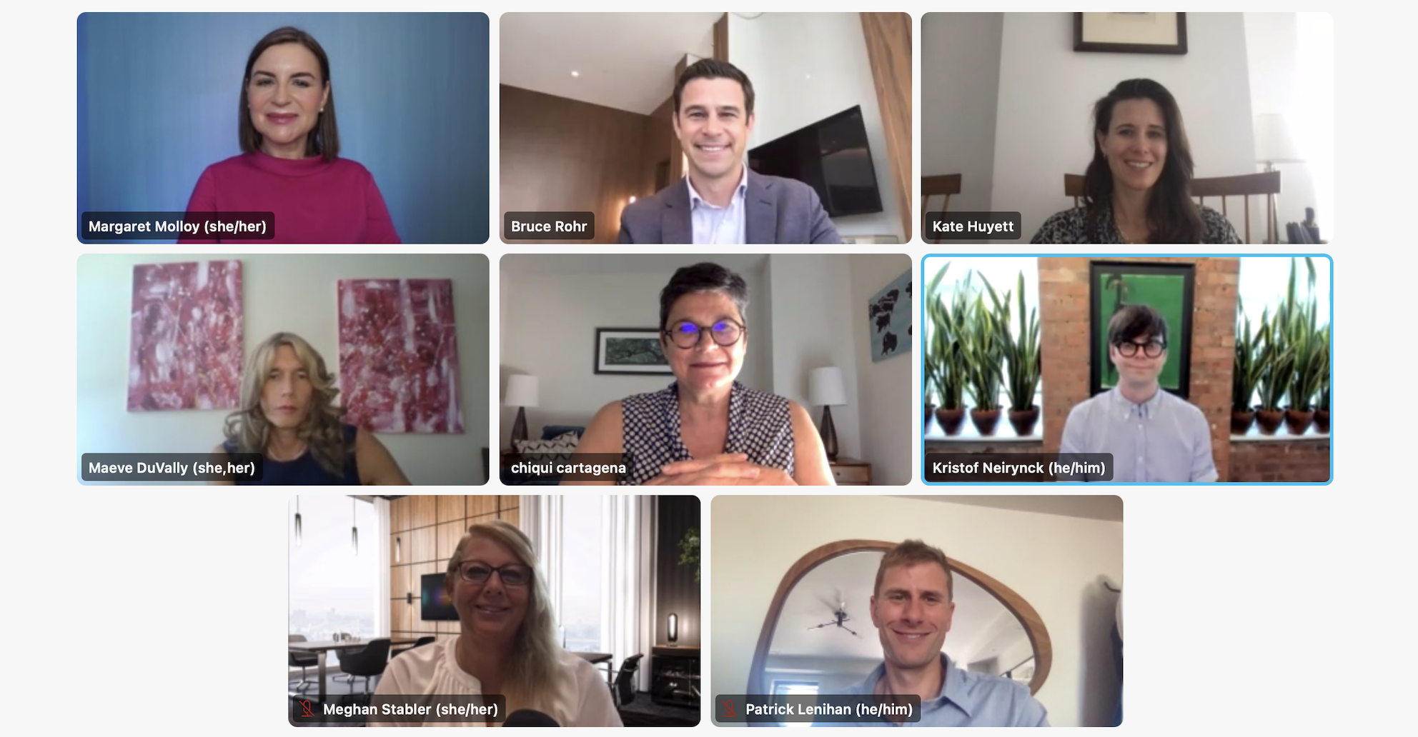 Siegel + Gale's Global CMO, Margaret Molloy, on a video call with 7 marketing executives in celebration of pride month