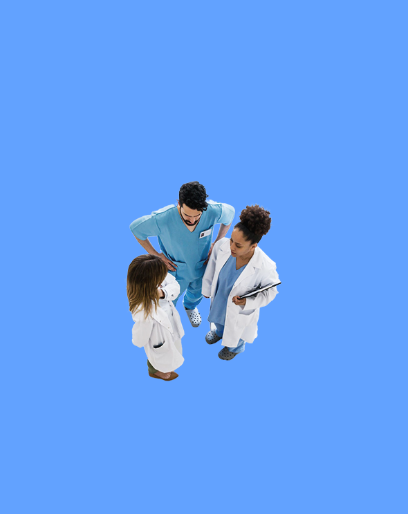 3 healthcare professionals over a blue background, healthcare brands moving beyond the pandemic
